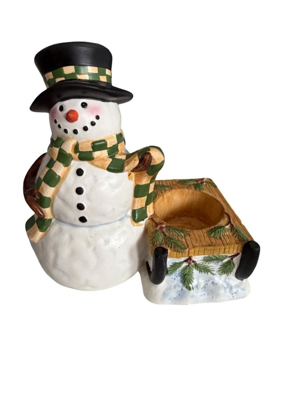 Vintage Yankee Candle Snowman Sled Ceramic Tea Light Holder Christmas 5”